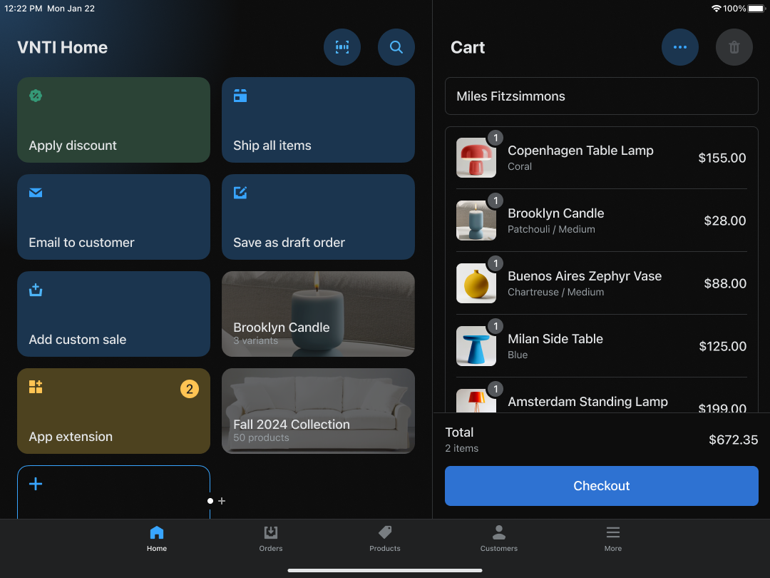מסך הבית של Shopify POS עם עגלה וסכום