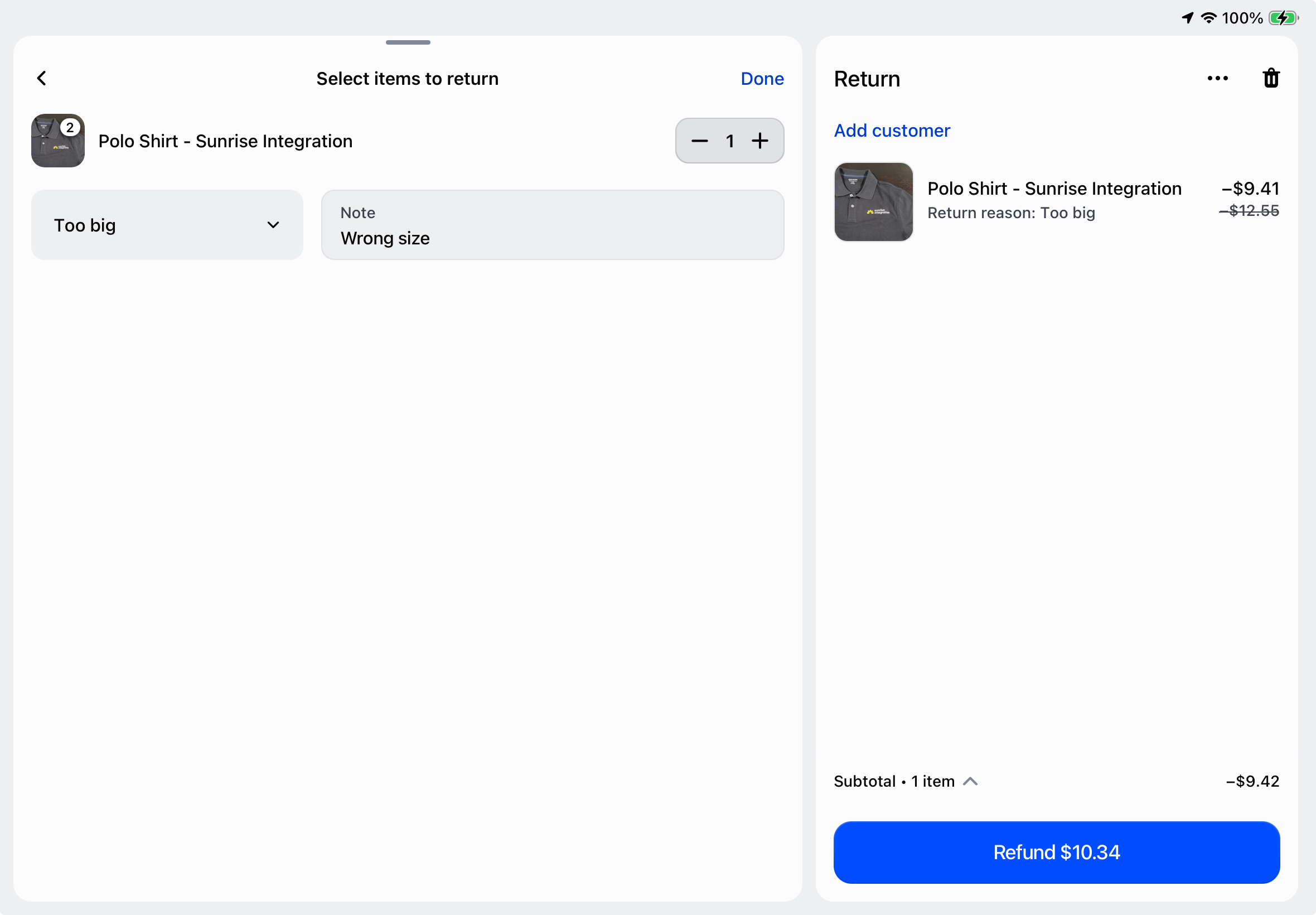 זרימת החזרה ב-Shopify POS עם בחירת פריטים