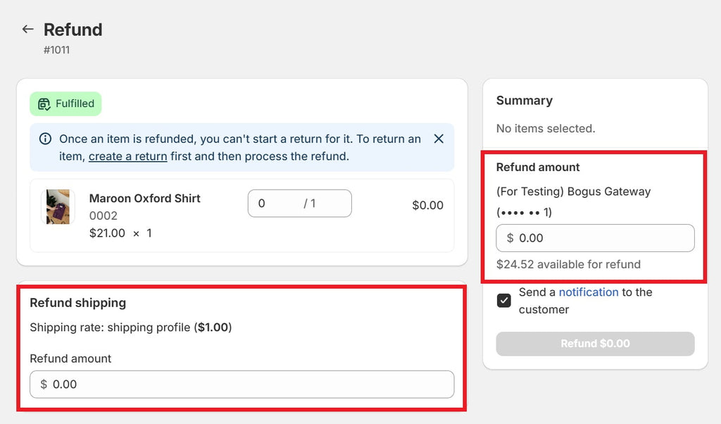 מסך Refund של Shopify עם שדה סכום פר אמצעי ותקרה