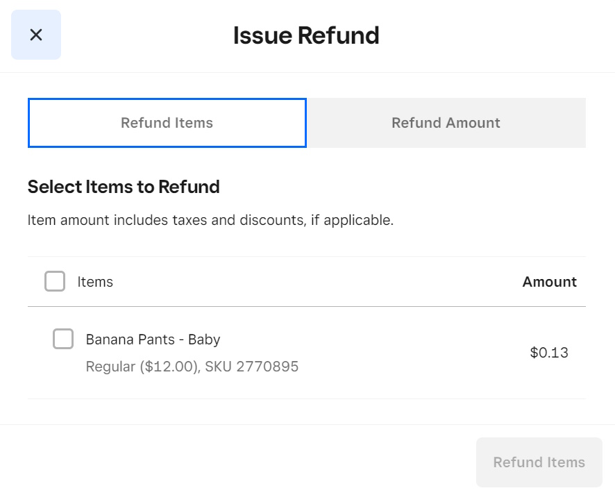 מסך Issue Refund של Square עם רשימת פריטים