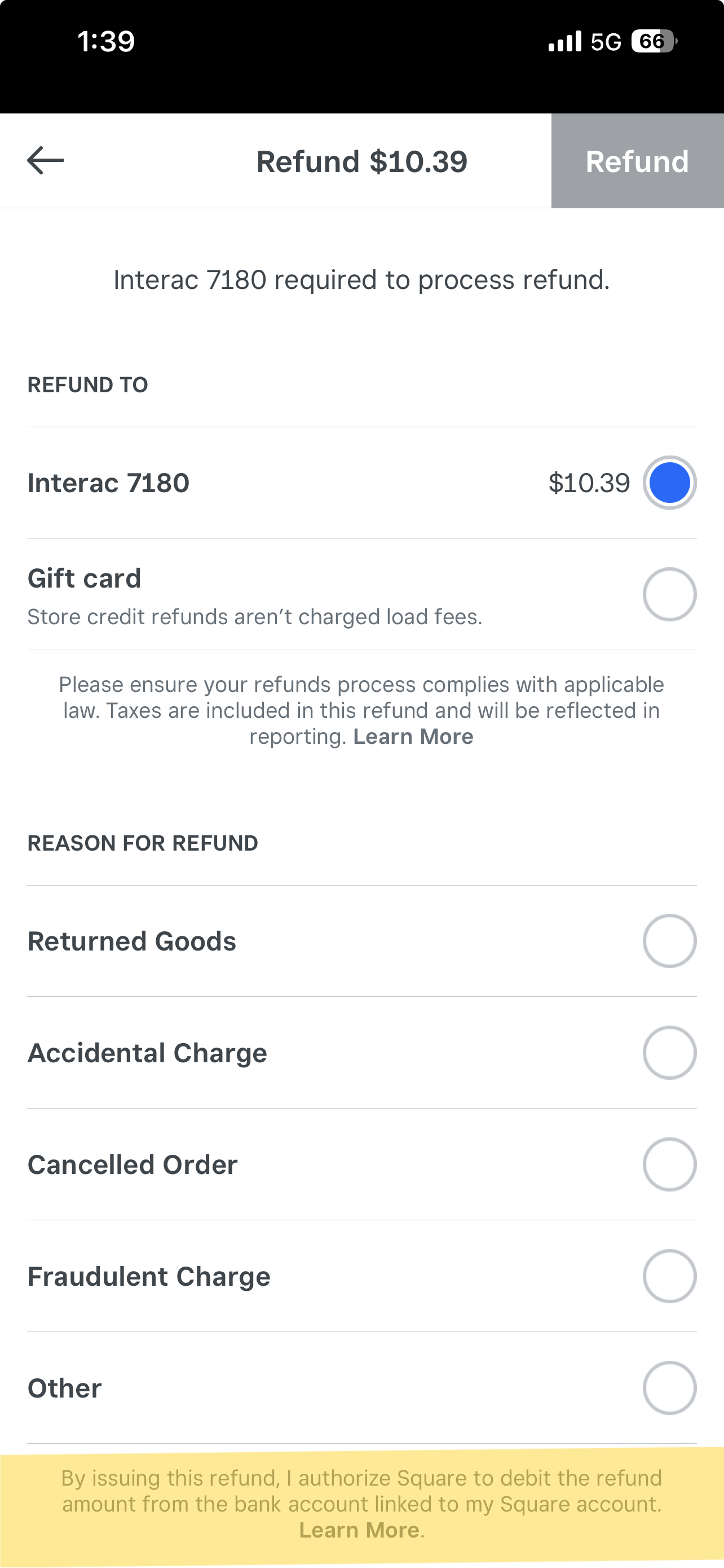 בורר Refund To של Square עם אמצעי מקורי או Gift Card